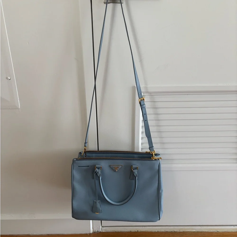 Prada Saffiano Large Double Zip Tote in Powder Blue (“Astrale”) Gold Hardware